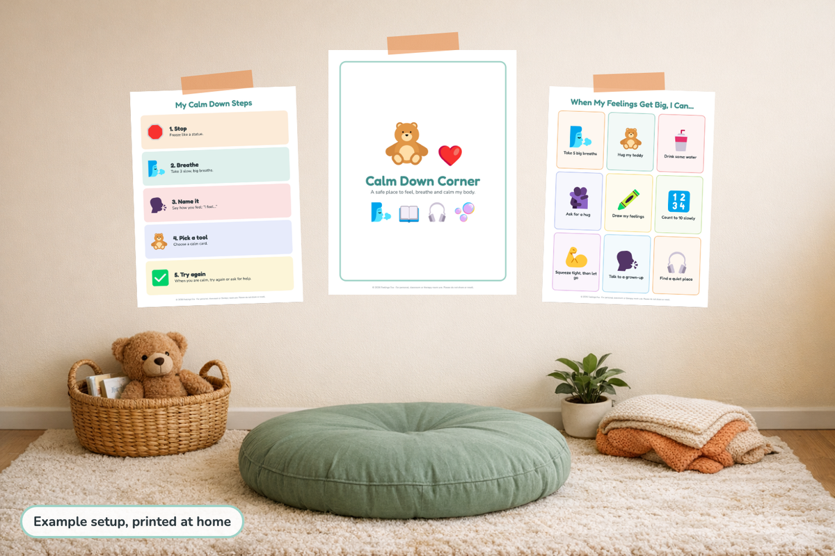 Printed calm down corner sign and posters above a floor cushion in a child's reading nook