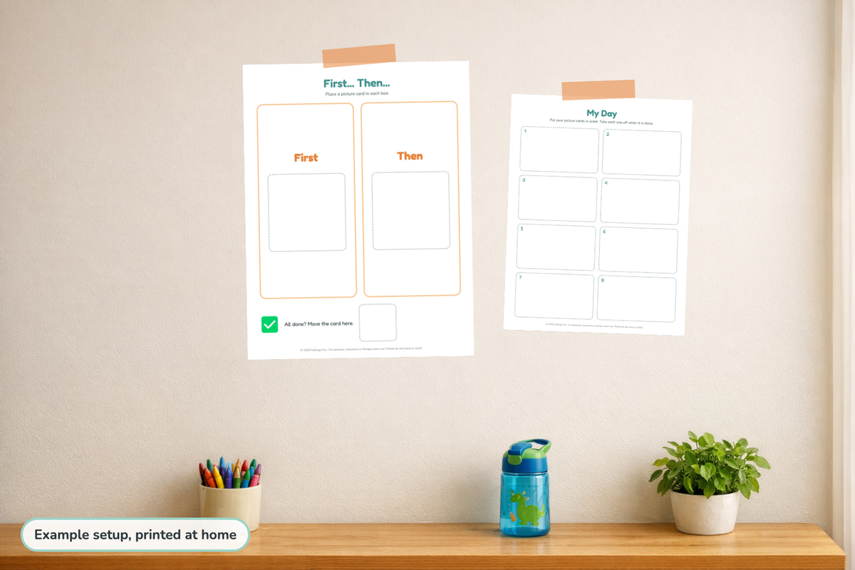 Printed First-Then board and My Day schedule taped on a kitchen wall