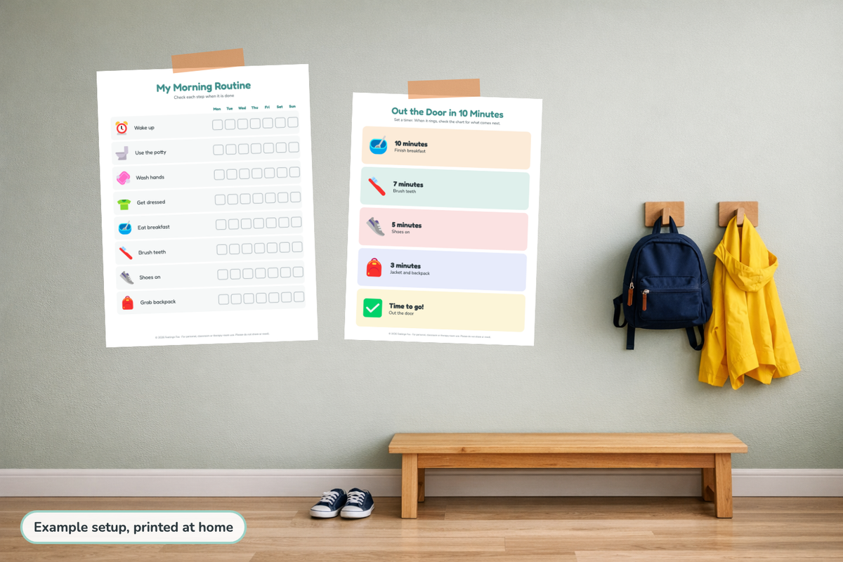 Printed morning routine chart and 10-minute countdown taped on a hallway wall next to a school backpack