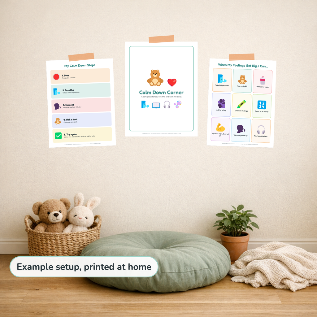 Calm Down Corner Kit printed and hung up at home, example setup