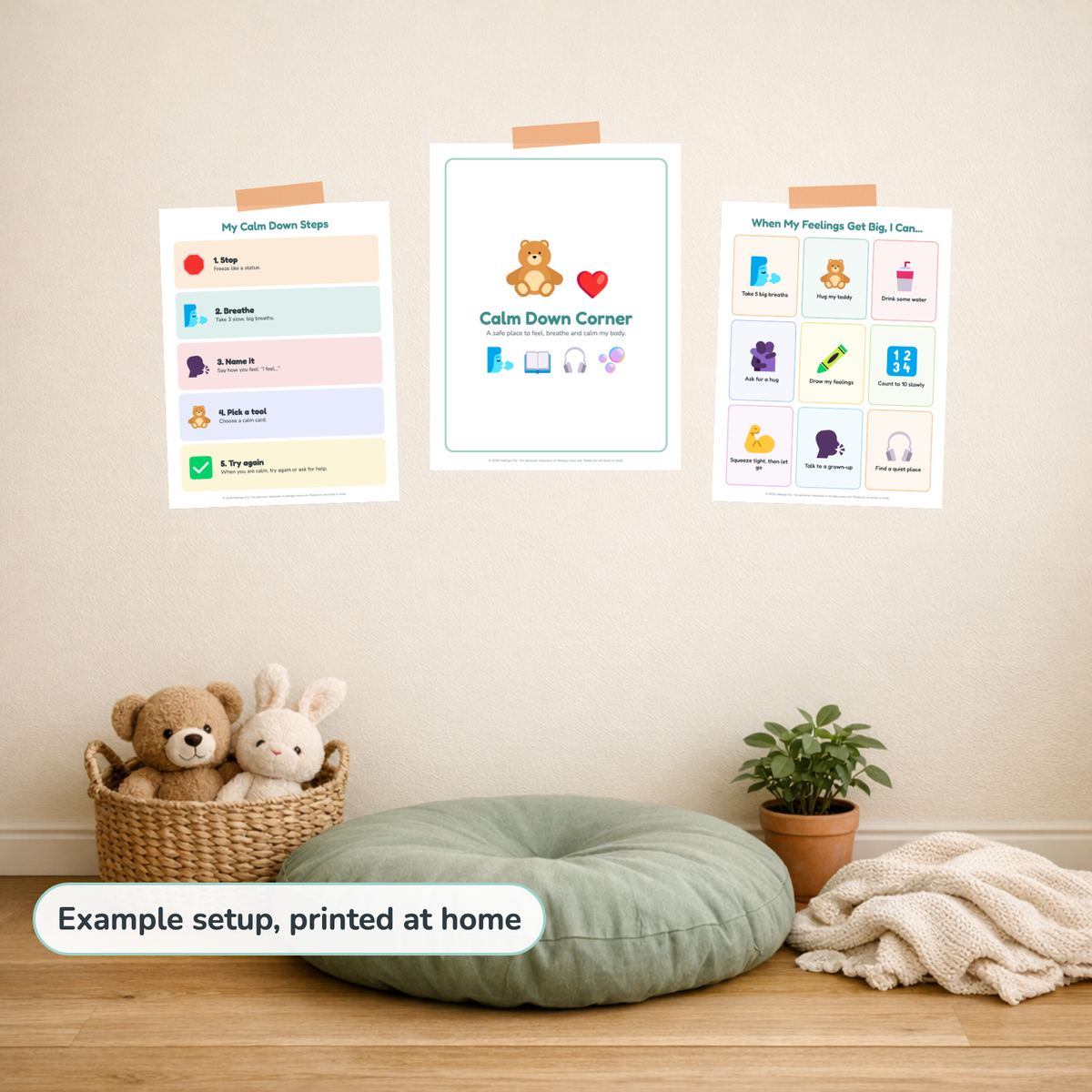 Calm Down Corner Kit printed and hung up at home, example setup