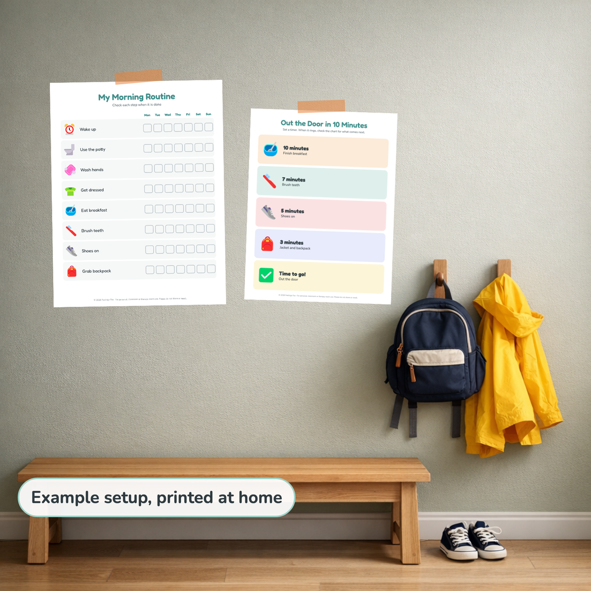 Out the Door Morning Kit printed and hung up at home, example setup