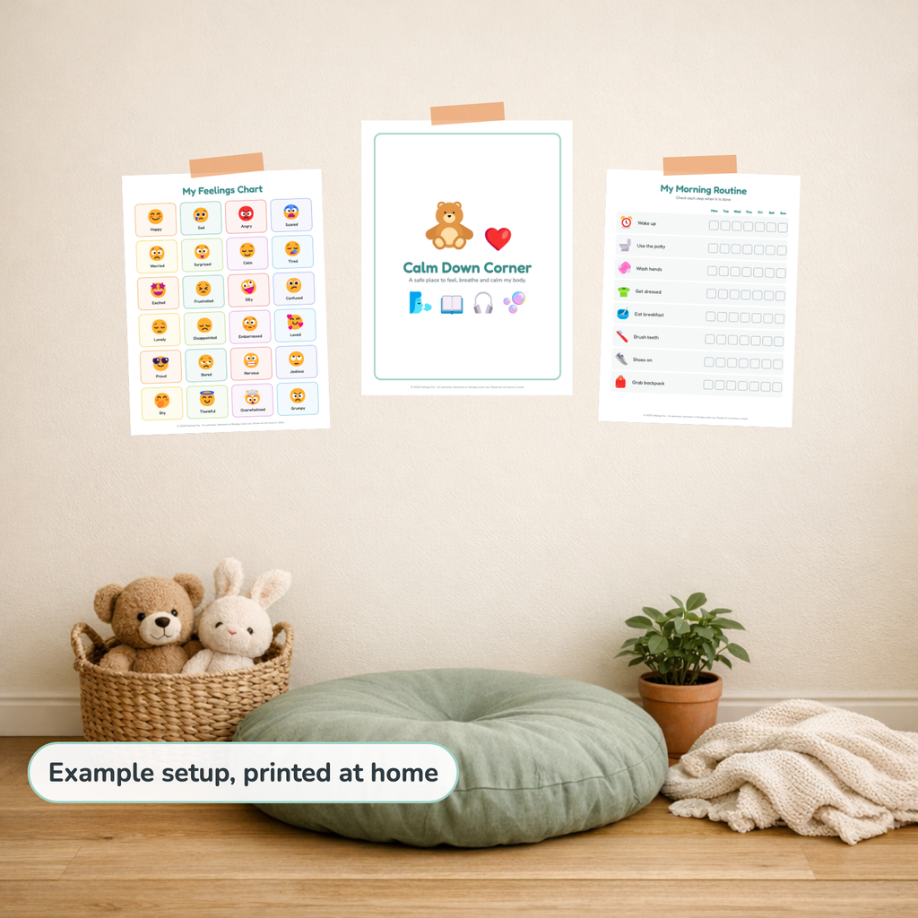 Calm & Feelings Bundle printed and hung up at home, example setup