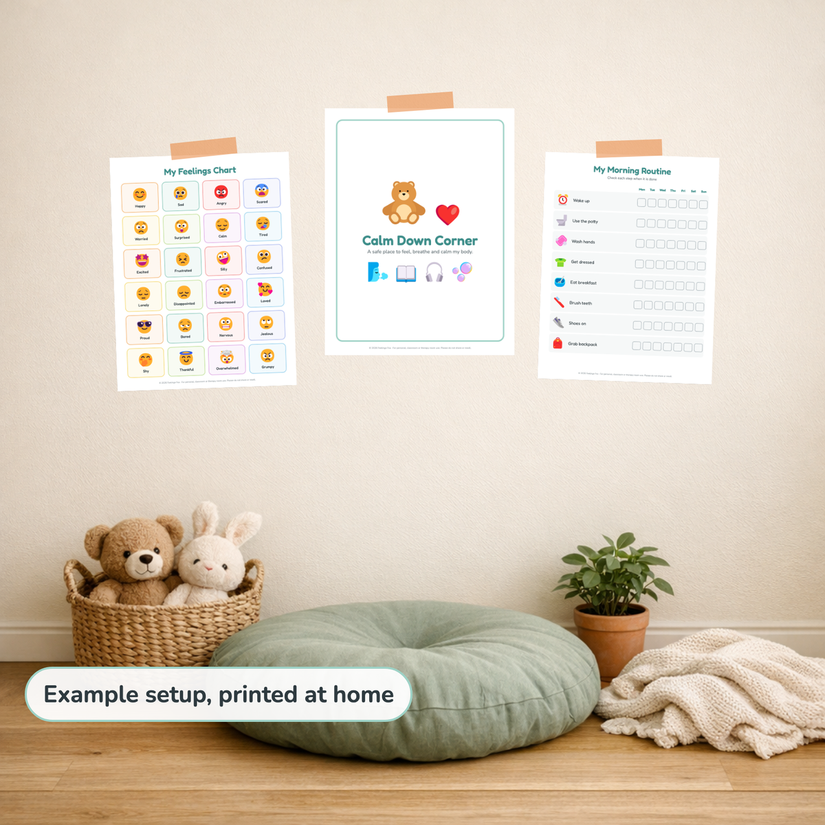 Calm & Feelings Bundle printed and hung up at home, example setup