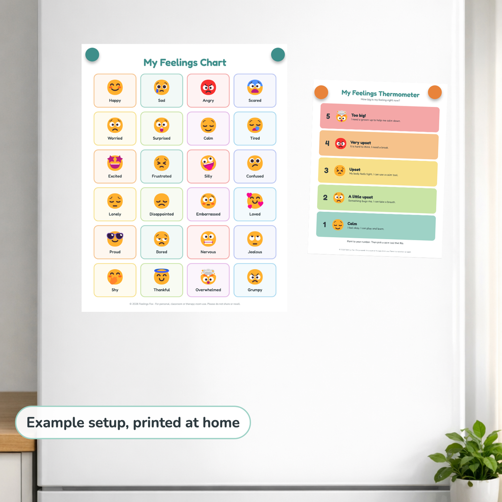 Feelings Chart & Check-In Pack printed and hung up at home, example setup
