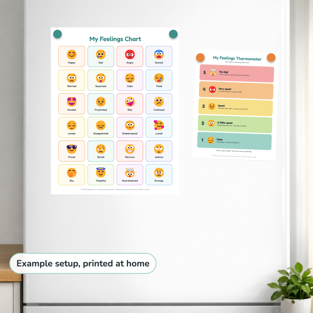 Feelings Chart & Check-In Pack printed and hung up at home, example setup