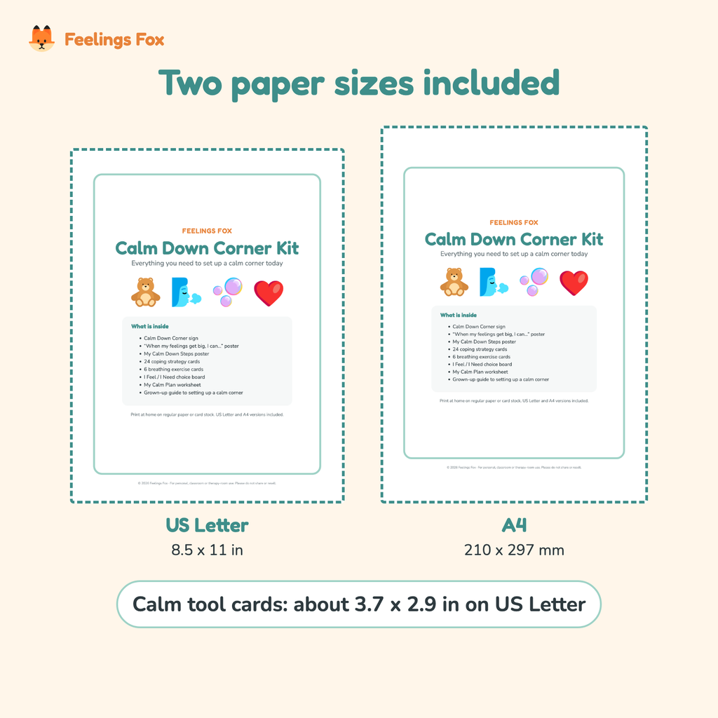 Calm Down Corner Kit comes in US Letter and A4 paper sizes